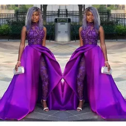 Purple Prom Neck Dresses High 2020 Royal Halter Sparkly paljetter Satin Ruched Jumpsuit Lace Applique Evening Gown Formal OCN Wear