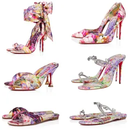 Floral Designer Heels Crystal Luxury Sandals 6.5/8.5/10cm Heels Shoes Designer Pumps Summer Flat Slides Slippers Satin Sandal Mediterranean Dress Shoe Mirror Quality