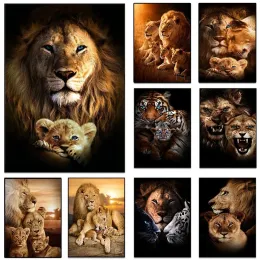 Moderno leone tigre e cucciolo di animali selvatici animali selvatici arte murale dipinti madre amore poster poster stampe soggiorno decorazioni per la casa immagini