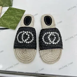 Rhinestone Stud tofflor Virka halmsandaler Kristaller G Läsande espadrilllägenheter Kvinnor Brand Mules Summer Shoes Slip On Platform Slides Pool Slider Flops