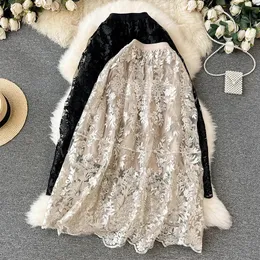 Tigena Blumenstickerei Spitze Tüll Lange Rock für Frauen 2024 Vintage Elegante High Street Eine Linie hoher Taille Midi Rock Frau 240423