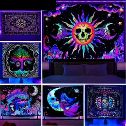 Aufkleber großer Blacklight Pilz Wandteppich UV Reaktive Mond und Sterne Wandteppiche Wand hängend ästhetische Wandteppiche im Dunkeln leuchten