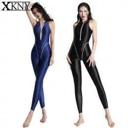 Anzüge Xkly Satin Glossy Strumpfhosen hoher Nacken Strumpfhose seie glatte lässige, lässige Lauf -Joga -Yoga Schwimmhosen vorne Reißverschluss Sportbekleidung