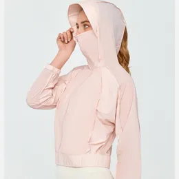 Al Yoga Mesh Sheer Jacket Sunscreen Coat 여성 여름 셔츠 가벼운 통기성 Zip 외곽 퀵 건조 야외 UV 보호 스포츠웨어 분리 가능한 큰 챙