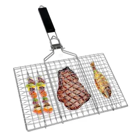 Grills LMETJMA Foldable Grill Basket Portable Stainless Steel BBQ Barbecue Grilling Basket With Removable Handle Steak Fish Basket JT59