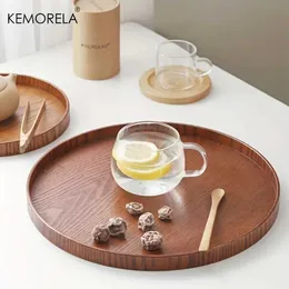 Tumblers Kemorela 4 sizes Round Acacia Wood Serving Tray Decorative Farmhouse Candle Holder for Kitchen Counter Home Decoration H240506