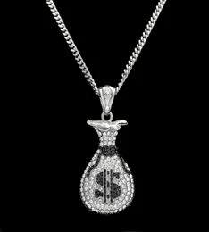 Hip Hop Gold Silver Cash Money Bag Wisiant dla mężczyzn Kobiety Bling Crystal Dollar Charm Naszyjnik z kubańską biżuterią 3756708