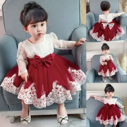 Dresses PLBBFZ Long Sleeve Bowknot Dress Newborn 1 Year Baptism Birthday Evening Baby Children's Dresses Party Wedding Kids Clothes