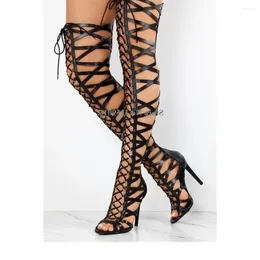 Boots Lace-up Straps Cross Over Knee Gladiator Women Summer Sexy Cut-out Super High Heel Thigh Long Sandal Dress Shoes