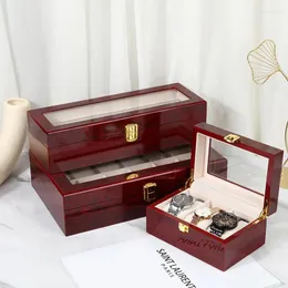 شاهد صناديق Vansiho Classic China Dark Red Wooden with Clock Watches Cases Wood Box للمجوهرات 1/2/3/5/6/10 posistions