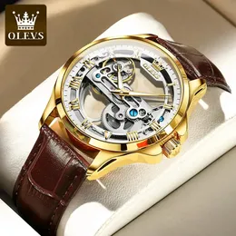 Olevs Luxury Men Watches Automatic Mechanical Wristwatch Skeleleton Design Straia de couro à prova d'água RELAJA RELOJ HOMBRE 240429