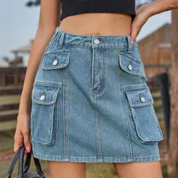 Etekler Benuynffy Vintage kadınlar denim kısa yaz sokak kıyafeti çok cepli elastik bel kadın gündelik yıkanmış kargo mini