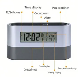 Skrivbordsklockor 1pc multifunktionell pennhållare med väckarklocka och skrivbordsarrangör - elegant gryglcd elektronisk klocka (batteri ingår inte)