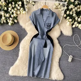 Vintage China-Chic Style Denim Dress для женщин Новая китайская винтажная вышивка талия тонкая сплит