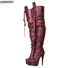 Botas Ashiofu feitas à mão femininas de salto alto festas de plataforma sexy baile de joelho de joelho real