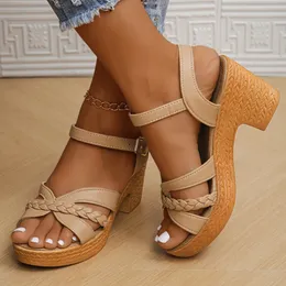 Ankelband höga klackar sandaler för kvinnor sommarplattform gladiator sandalias mujer vävning cross band chunky heeled sandles 240419