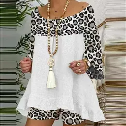 Damen -Tracksuits NOWSAA Sommer Vintage Leopard Patchwork Outfits Set Baumwoll -Hemd -Tops und losen Shorts Anzug 3 4 Ärmeln WO 239V