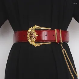 Bälten 2024 Luxury Cowhide Belt With Metal Chain Solid äkta läder midja Jean Pant Strap Fashion Punk Cow Women