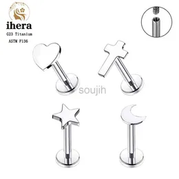 Body Arts G23 Titanium Silver Color Heart Studs Earrings ASTM F136 Nose Studs Flat Star Top Lip Ring Ear Tragus Cartilage Piercing Jewelry d240503