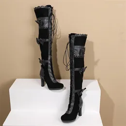 Boots Style Bowknot Over The Knee Round Toe Chunky Heels Botas Side Zipper Fashion Women Shoes