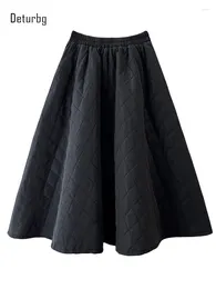 Skirts Quilted Diamond Pattern A-Line Skirt For Women Korean Fashion High Waist Warm Midi Swing With Pockets 2024 Winter K367