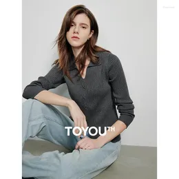 Women's Knits TOYOUTH Women Knitted Sweater 2024 Spring Turn Down Collar Open Slit Sexy Slim Elegant Tops