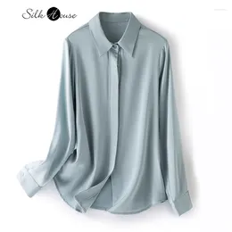 Blusas femininas 2024 Luxo 93% Natural Mulberry Silk Double qiao cetim versátil cor sólida temperamento camisa de escritório de manga longa longa