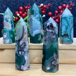 Dekorationer Natural Green Cherry Blossom Stone Agate Energy Crystal Tower Healing Aura Obelisk Garden Aquarium Home Decoration Holiday Gift