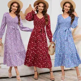 Basic Casual DressesWomen's cable tied dress slimming and bubble long sleeved V-neck floral long dress new model Plus Size Dress
