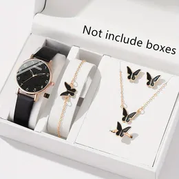 ساعات المعصم 6pcs مجموعة الساعات الجلدية السوداء للسيدات الفاخرة مع مجموعة سوار سوار سوار Quartz Wristwatch