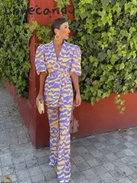 Modna kontrastowe koszule Zestaw Elegancki V Szyja Puff Prochat Krótki rękaw Płot Flare Noge Pants Suit Lady Streetwear 2 PCS Zestaw 240504