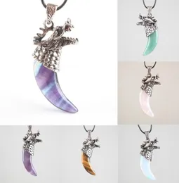 Colares pendentes 18 tipos de material dragão formato de dente quartzo opal aquily obsidian fluorite for Men jóias 1pcs4311050