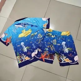 Submarine World Print Thin Fabric Blue Shorts Shirt Set Hawaii Men Women High Quality Loose Casual Beach Surf Shortpant Suit 240504