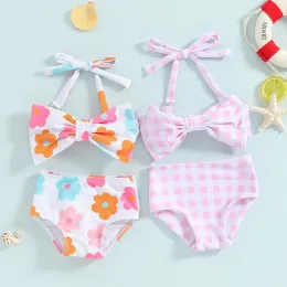 Swimwear 16Y Little Girls Bikini Sets Flower/Plaid Print Sleeveless Bow Bikini Tops with Shorts 2024 Summer Baby Swimsuit Kids Beachwear