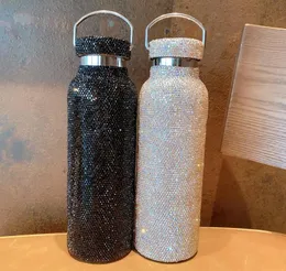 Black Silver 600ml Flash Diamond Water Bottles tumbler Luxury Insulation Cup Stainless Steel Full Rhinestone Portable Water Mug Gi5338703