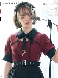 Женские блузки летние японские шахты сладкий воротник кукол лук с коротким рукавом Женщины kawaii rose