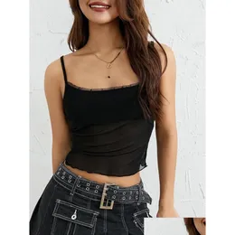 Женские танки Camis Women Spaghetti Braps Camisoles y Mesh Sheer без рукавов Sling Tops Summer Color Black Vests Club Street Dhln6