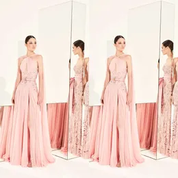 Evening Pink Jewel Murad Zuhair Neck Dresses A Line High Side Split Prom Dress Beaded Applices Tail Party Gowns Vestidos de Novia Ppliques