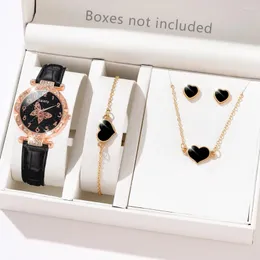 Relógios de pulso 5 PCs/Set Black Luxury Watches Women's Fashion Wristwatch Butterfly Disques casuais conjuntos de jóias