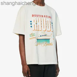 Yüksek kaliteli orijinal rhuder tasarımcı tişörtleri yaz mektubu yelken kruvazör dalga baskı cadde gevşek gevşek gündelik çok yönlü yuvarlak boyun erkekleri ile 1: 1 logo