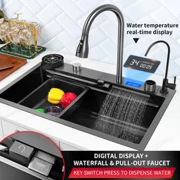 Kitchen Sink 304 Rostfritt stål Nano Handgjorda multifuktionella handfat vattenfallskran ovanför Counterpron Frontundermount9208495