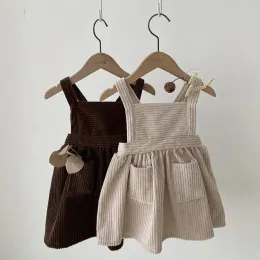 Dresses 2023 Autumn New Baby Girl Retro Corduroy Dress Fashion Kids Sleeveless Strap Dress Square Collar Princess Dress Children Dresses