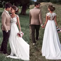 A 2019 Kleider gekleidet Chiffon Neueste Linie Ärmel bedeckte Knöpfe Illusion Lace Applique Land Hochzeit Braut Kleid Vestido de Novia Pplique