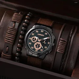 Relógios de quartzo redondo de 4pcs de punho 4pcs com pulseira de couro, homens de nylon de nylon casual para esportes diários