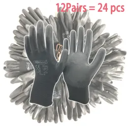 Handschuhe Nmsafety 24 Pieces/12 Paare Sicherheitshandschuhe Schwarze PU -Nylon -Baumwollhandschuh Industrieschutzarbeit Handschuhe