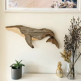 Miniatures Marine Elements Whale Home Wall Decor Wooden Wall Hanging Whale Ornaments For Living Room Bedroom Fishes Decorations