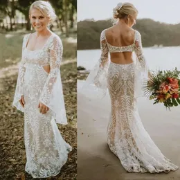 Lace Boho Wedding Beach Mermaid Dresses Bridal Bridal Sleeves Square Neck Hollow Back Made Country Vestido de Novia