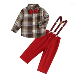 Giyim Setleri Toddler Elbise Takım Bebek Erkekler Beyefendi Giysileri Ekose Kıyafetler Uzun Kollu Gömlek Askı Pantolonları Seti 2 PCS
