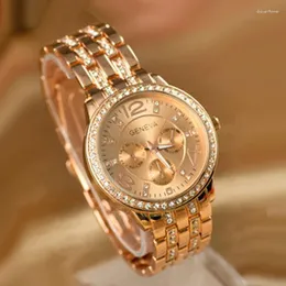 손목 시계 제네바 시계 패션 여성 로즈 골드 여자 크리스탈 쿼츠 시계 스테인레스 스틸 reloje mujer womens