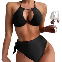 Mutade feminina 2024 Nova cor sólida dividir a cintura alta da cintura feminino Sexy Hollow Gathering Bikini